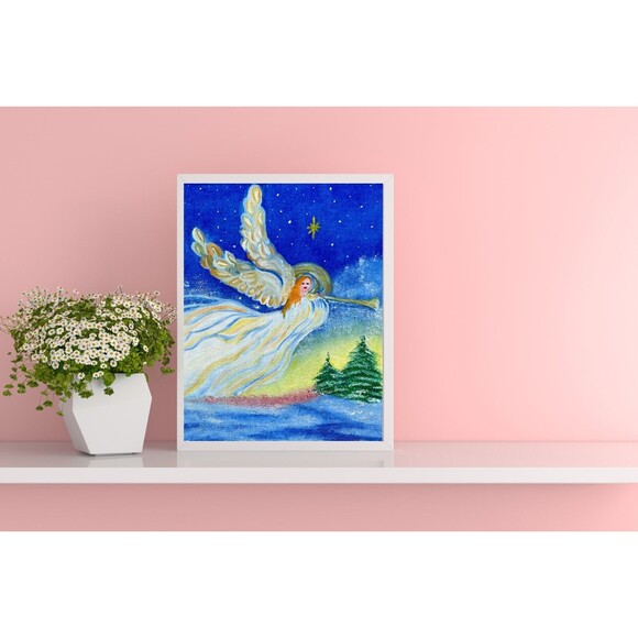 Original Oil Painting Angel Trumpet Christmas Winter Night Sky 8x10 Canvas Art - Picture 10 of 11